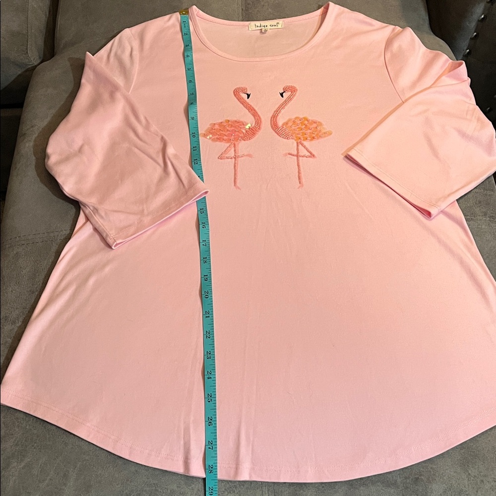 Indigo Soul pink beaded flamingo 3/4 length sleeve cotton shirt Large - Picture 9 of 14